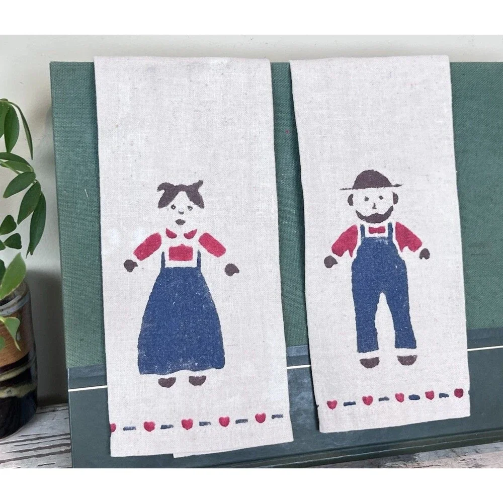 Vintage Farmhouse Hand Painted Amish Country Couple Hand Towels Cottage Charm